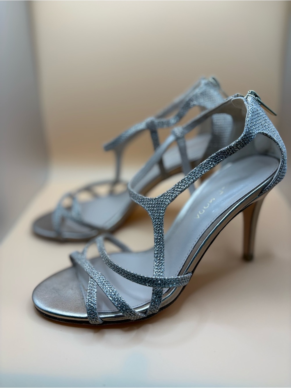 Pelle Moda Silver Glitter Strappy Stiletto Sandals